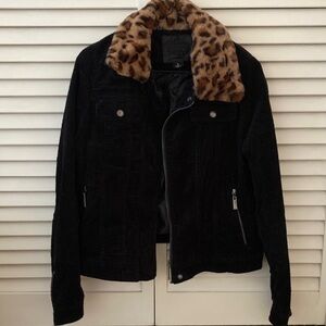 Jou Jou Black Corduroy Jacket with Leopard Print Collar